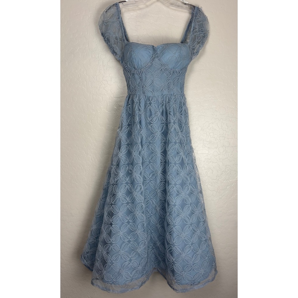 Lulus Exceedingly Elegant Blue Floral Applique Bustier Midi Dress XS 2840 - Picture 2 of 9